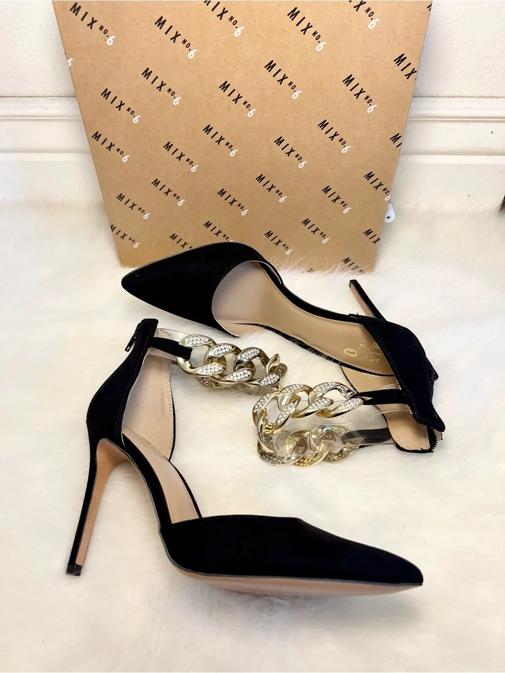 Mix No. 6 Dinla Black Suede Pointed-Toe Pump with Gold Crystal Chain Ankle Strap